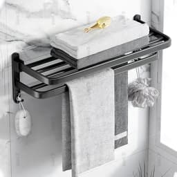image-Towel Rack 40-60 CM Folding Holder With Hook Bathroom Accessories Wall Mount Rail Shower Hanger Aluminum Bar Matte Black Shelf