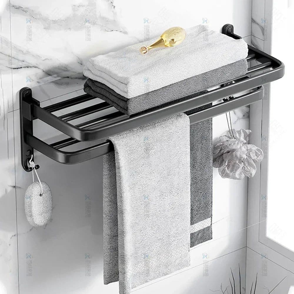 image-Towel Rack 40-60 CM Folding Holder With Hook Bathroom Accessories Wall Mount Rail Shower Hanger Aluminum Bar Matte Black Shelf
