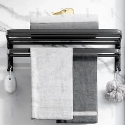 image-Towel Rack 40-60 CM Folding Holder With Hook Bathroom Accessories Wall Mount Rail Shower Hanger Aluminum Bar Matte Black Shelf