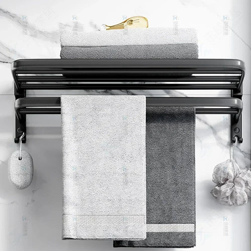 image-Towel Rack 40-60 CM Folding Holder With Hook Bathroom Accessories Wall Mount Rail Shower Hanger Aluminum Bar Matte Black Shelf