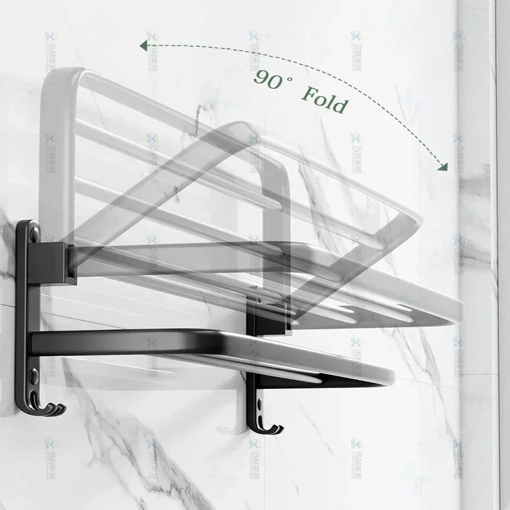 image-Towel Rack 40-60 CM Folding Holder With Hook Bathroom Accessories Wall Mount Rail Shower Hanger Aluminum Bar Matte Black Shelf