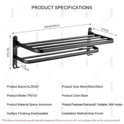 image-Towel Rack 40-60 CM Folding Holder With Hook Bathroom Accessories Wall Mount Rail Shower Hanger Aluminum Bar Matte Black Shelf