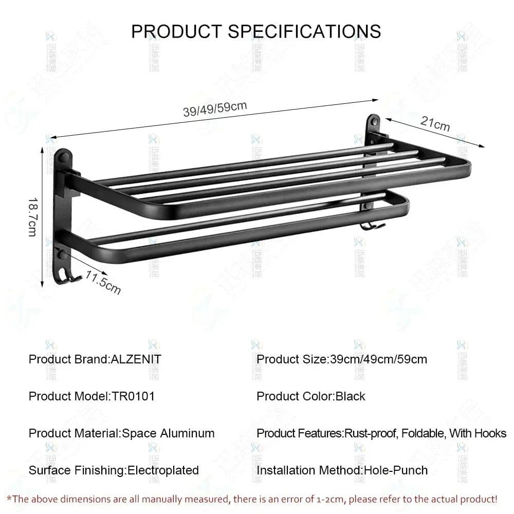 image-Towel Rack 40-60 CM Folding Holder With Hook Bathroom Accessories Wall Mount Rail Shower Hanger Aluminum Bar Matte Black Shelf
