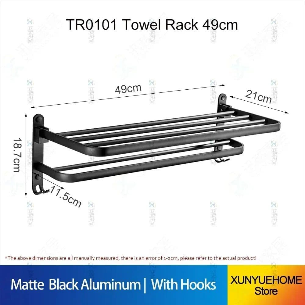 image-Towel Rack 40-60 CM Folding Holder With Hook Bathroom Accessories Wall Mount Rail Shower Hanger Aluminum Bar Matte Black Shelf