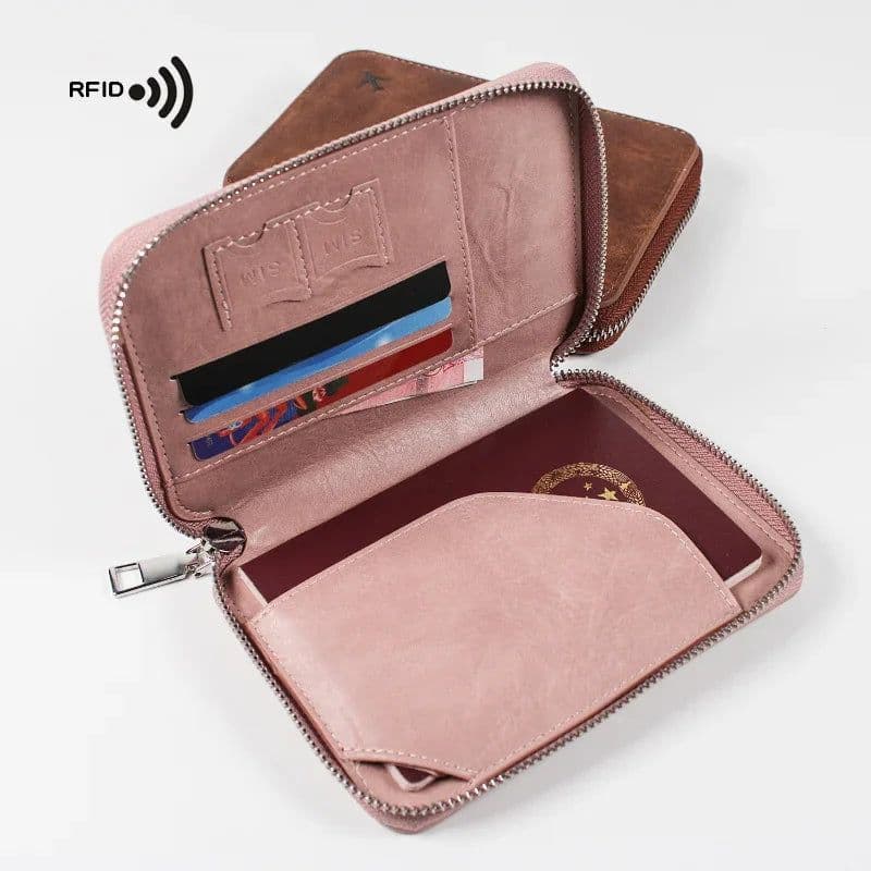 image-Multifunctional Rfid Anti-Theft Brush Passport Holder Document Bag Travel Wallet Zipper Storage Bag Leather Case Passport Holder