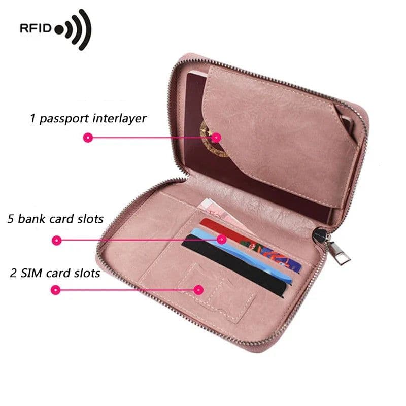 image-Multifunctional Rfid Anti-Theft Brush Passport Holder Document Bag Travel Wallet Zipper Storage Bag Leather Case Passport Holder