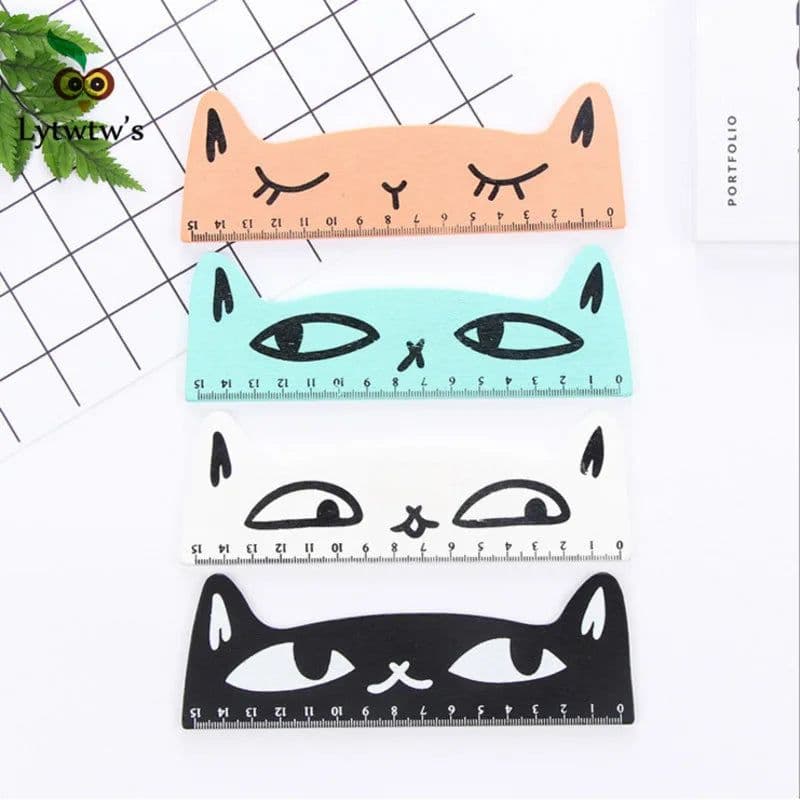 image-1 Pcs Lytwtw's Cute Kawaii Black Cat Kitten Straight Ruler Wooden Tools Cartoon Sewing Drawing Office School Stationery supplies