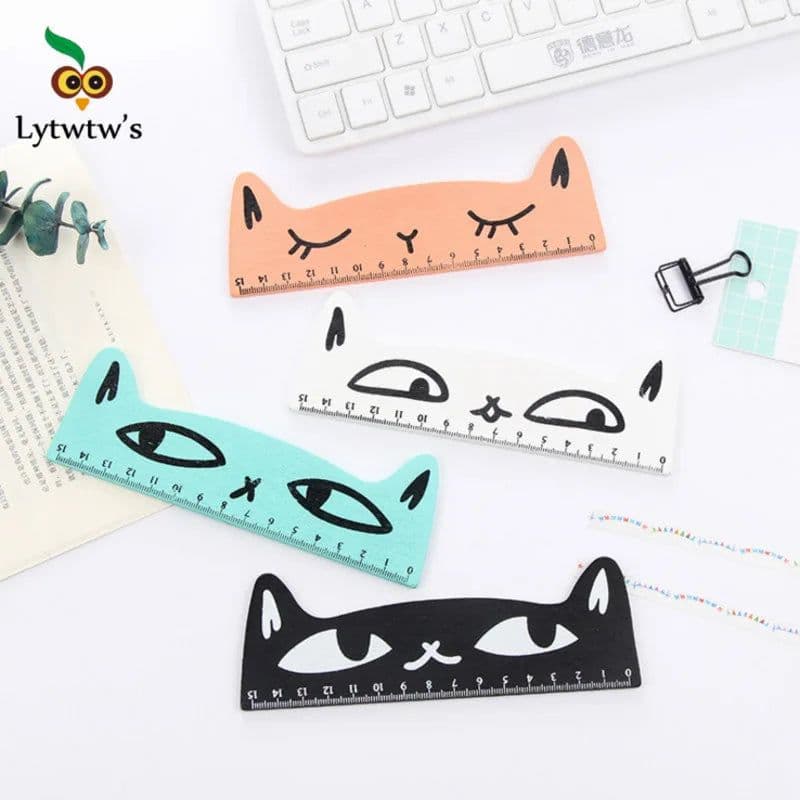 image-1 Pcs Lytwtw's Cute Kawaii Black Cat Kitten Straight Ruler Wooden Tools Cartoon Sewing Drawing Office School Stationery supplies