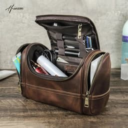 image-Men Genuine Leather Travel Business Toiletry Shaving Bag Women Retro Cosmetic Washing Shower Organizer Handbag Large Capacity