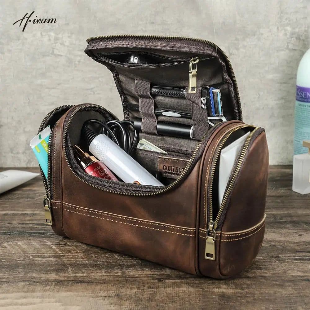 image-Men Genuine Leather Travel Business Toiletry Shaving Bag Women Retro Cosmetic Washing Shower Organizer Handbag Large Capacity