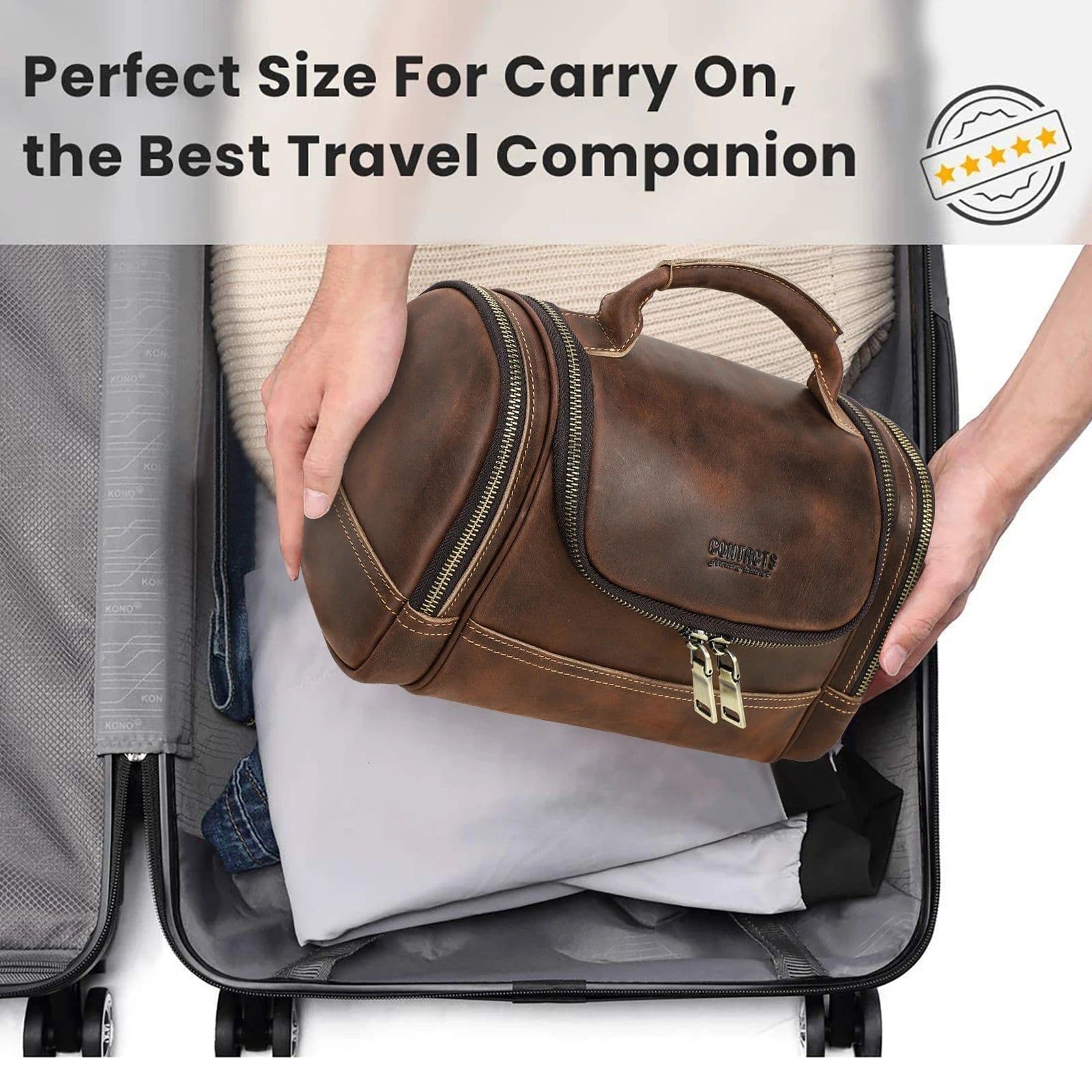 image-Men Genuine Leather Travel Business Toiletry Shaving Bag Women Retro Cosmetic Washing Shower Organizer Handbag Large Capacity