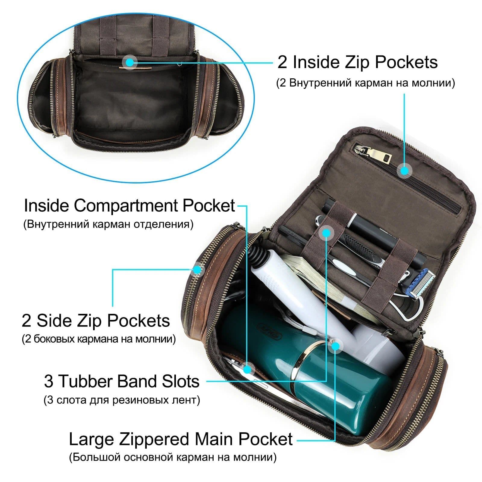 image-Men Genuine Leather Travel Business Toiletry Shaving Bag Women Retro Cosmetic Washing Shower Organizer Handbag Large Capacity