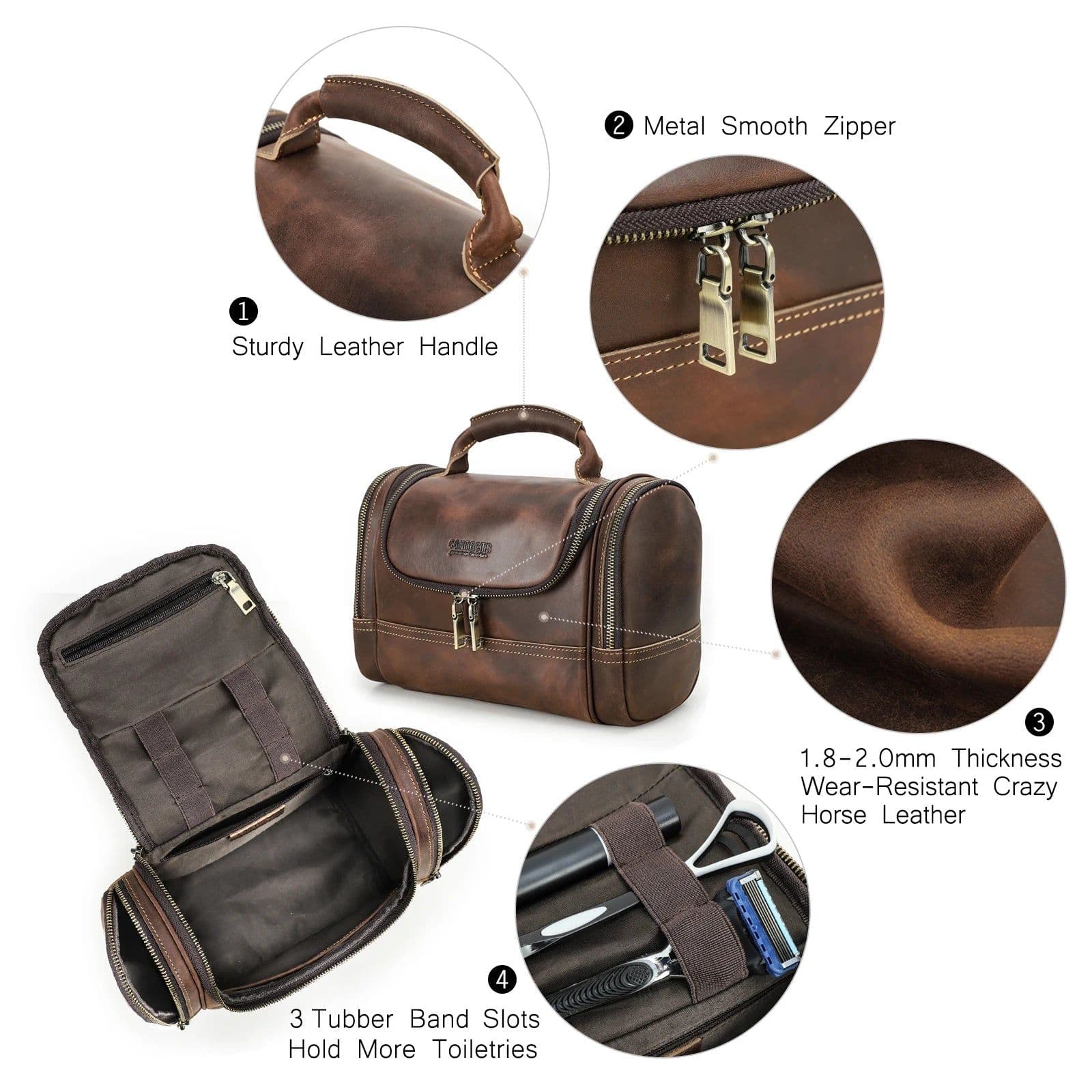 image-Men Genuine Leather Travel Business Toiletry Shaving Bag Women Retro Cosmetic Washing Shower Organizer Handbag Large Capacity
