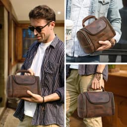image-Men Genuine Leather Travel Business Toiletry Shaving Bag Women Retro Cosmetic Washing Shower Organizer Handbag Large Capacity