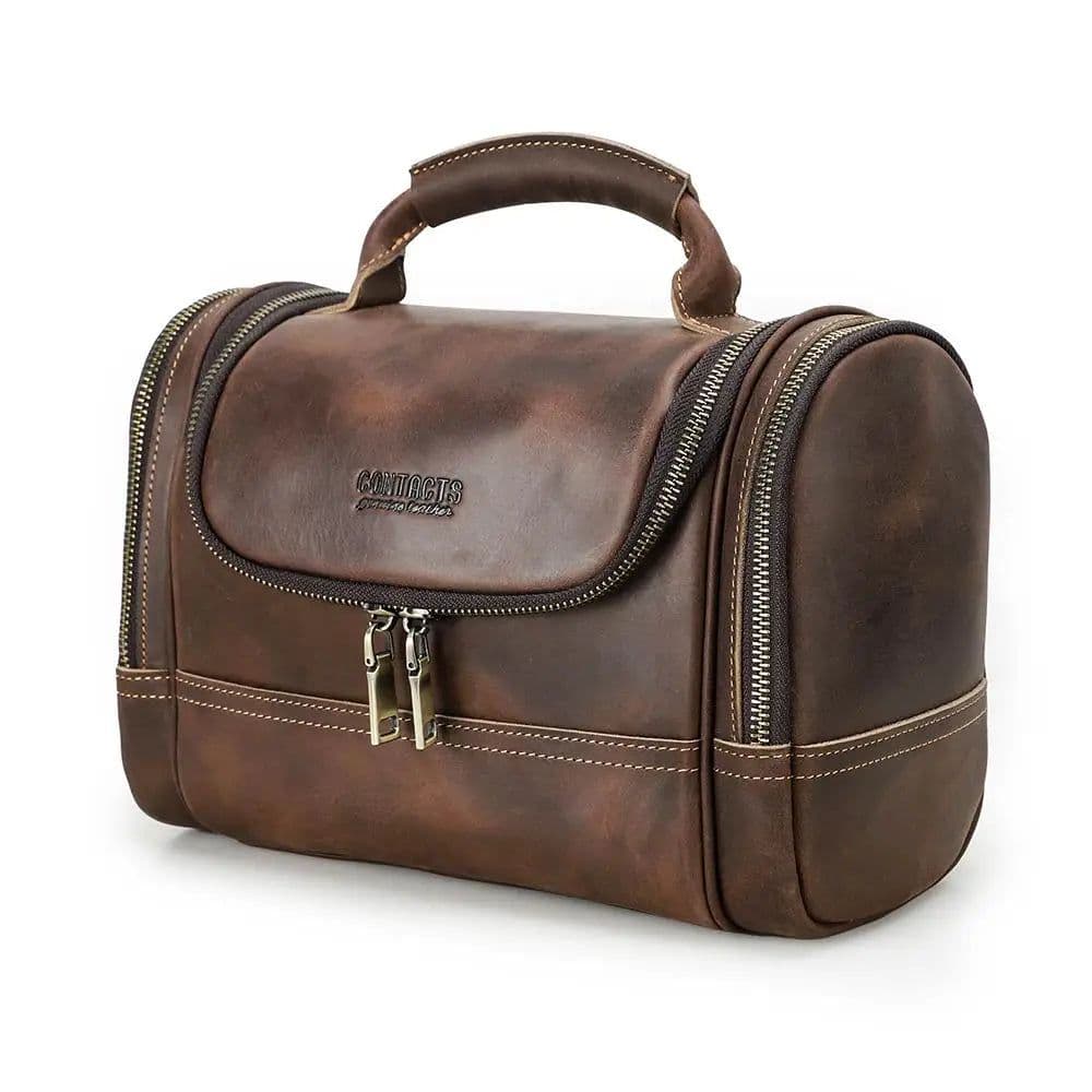 image-Men Genuine Leather Travel Business Toiletry Shaving Bag Women Retro Cosmetic Washing Shower Organizer Handbag Large Capacity