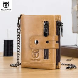 image-BULLCAPTAIN RFID Genuine Leather Man Wallet Coin Purse Small Mini Card Holder Chain PORTFOLIO Portomonee Male Walet Pocket