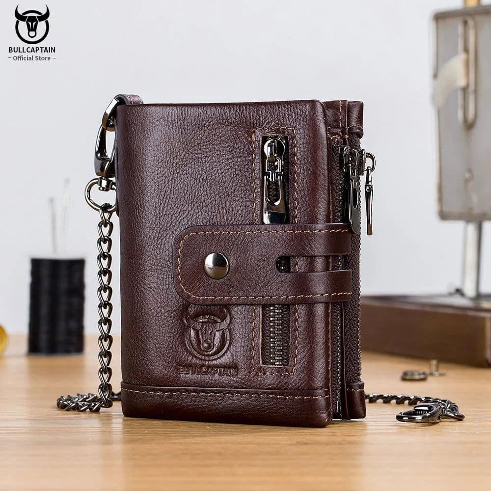 image-BULLCAPTAIN RFID Genuine Leather Man Wallet Coin Purse Small Mini Card Holder Chain PORTFOLIO Portomonee Male Walet Pocket