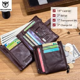 image-BULLCAPTAIN RFID Genuine Leather Man Wallet Coin Purse Small Mini Card Holder Chain PORTFOLIO Portomonee Male Walet Pocket