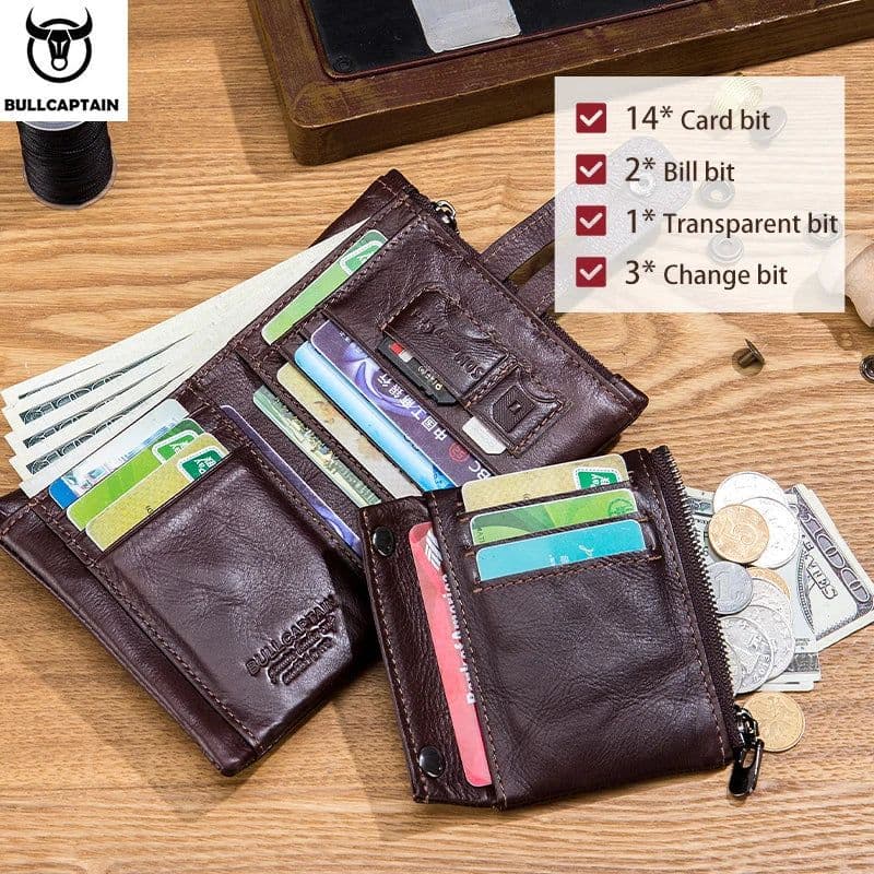 image-BULLCAPTAIN RFID Genuine Leather Man Wallet Coin Purse Small Mini Card Holder Chain PORTFOLIO Portomonee Male Walet Pocket
