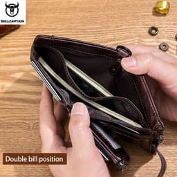 image-BULLCAPTAIN RFID Genuine Leather Man Wallet Coin Purse Small Mini Card Holder Chain PORTFOLIO Portomonee Male Walet Pocket