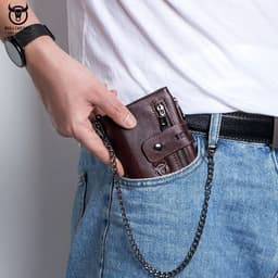 image-BULLCAPTAIN RFID Genuine Leather Man Wallet Coin Purse Small Mini Card Holder Chain PORTFOLIO Portomonee Male Walet Pocket