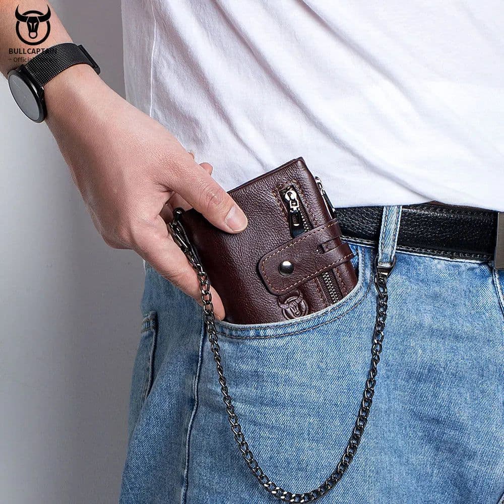 image-BULLCAPTAIN RFID Genuine Leather Man Wallet Coin Purse Small Mini Card Holder Chain PORTFOLIO Portomonee Male Walet Pocket