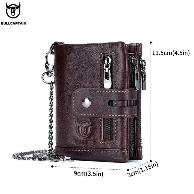 image-BULLCAPTAIN RFID Genuine Leather Man Wallet Coin Purse Small Mini Card Holder Chain PORTFOLIO Portomonee Male Walet Pocket
