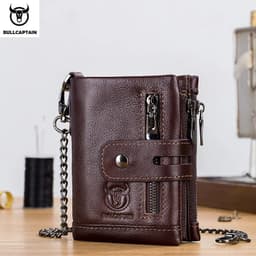 image-BULLCAPTAIN RFID Genuine Leather Man Wallet Coin Purse Small Mini Card Holder Chain PORTFOLIO Portomonee Male Walet Pocket