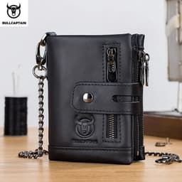image-BULLCAPTAIN RFID Genuine Leather Man Wallet Coin Purse Small Mini Card Holder Chain PORTFOLIO Portomonee Male Walet Pocket