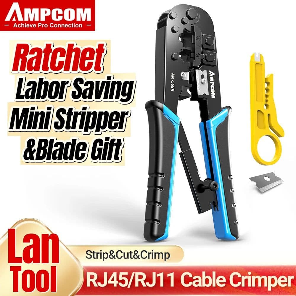 image-AMPCOM rj45 crimper RJ11 RJ45 Crimping Tool Ethernet Network LAN Cable Crimper Cutter Stripper Plier for 6P 8P RJ-11/RJ-12 RJ-45