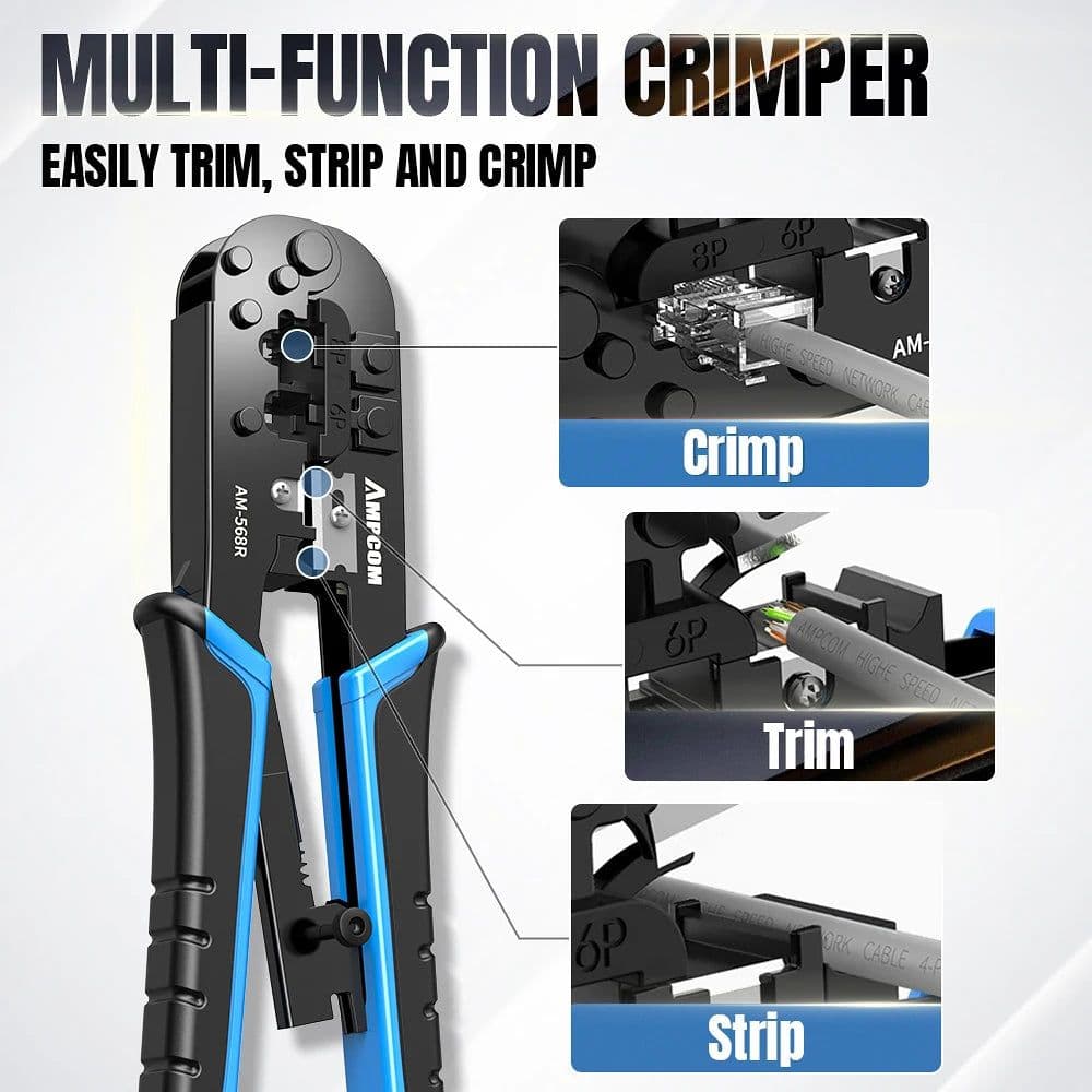image-AMPCOM rj45 crimper RJ11 RJ45 Crimping Tool Ethernet Network LAN Cable Crimper Cutter Stripper Plier for 6P 8P RJ-11/RJ-12 RJ-45