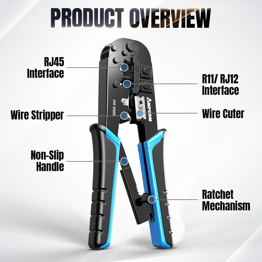 image-AMPCOM rj45 crimper RJ11 RJ45 Crimping Tool Ethernet Network LAN Cable Crimper Cutter Stripper Plier for 6P 8P RJ-11/RJ-12 RJ-45