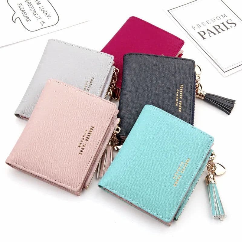 image-Women Square Short Wallet Crossed Grain PU Leather Tassel Zipper Coin Purse Mini Money Bag Girls Small Cute Pink Card Holder