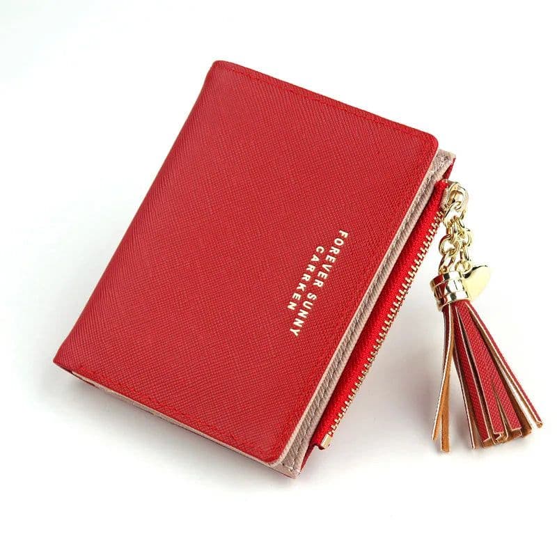 image-Women Square Short Wallet Crossed Grain PU Leather Tassel Zipper Coin Purse Mini Money Bag Girls Small Cute Pink Card Holder
