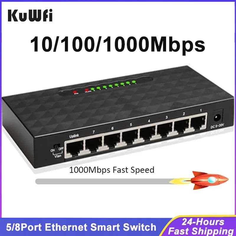 image-KuWFi 5/8Port Gigabit Switch Ethernet Smart Switcher High Performance 1000Mbps Network Switch RJ45 Hub Internet Injector
