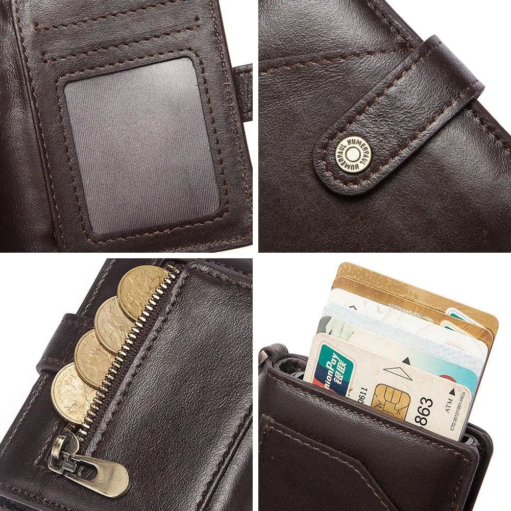 image-Genuine Leather Small Money Wallets for Men RFID Protected Pop Up Credit Card Holder Aluminium Smart Wallet with Money Clip