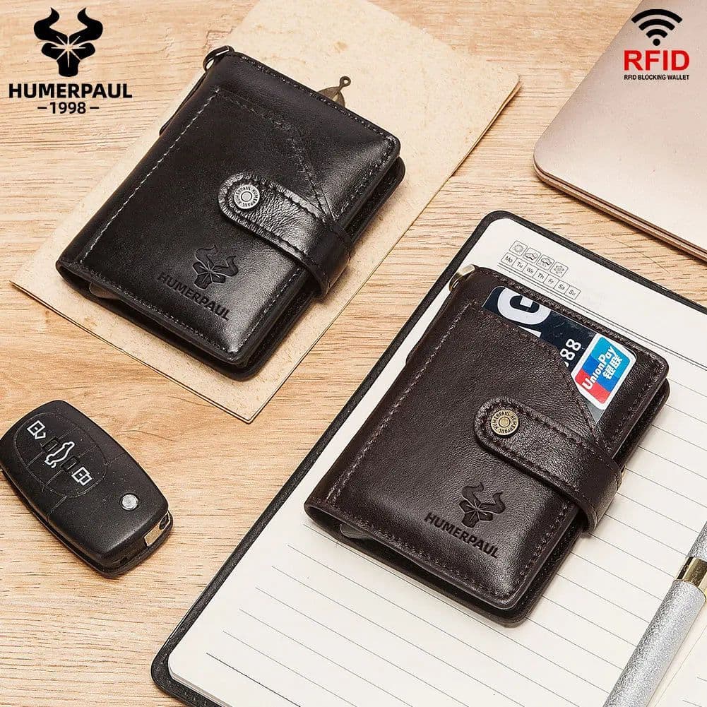 image-Genuine Leather Small Money Wallets for Men RFID Protected Pop Up Credit Card Holder Aluminium Smart Wallet with Money Clip