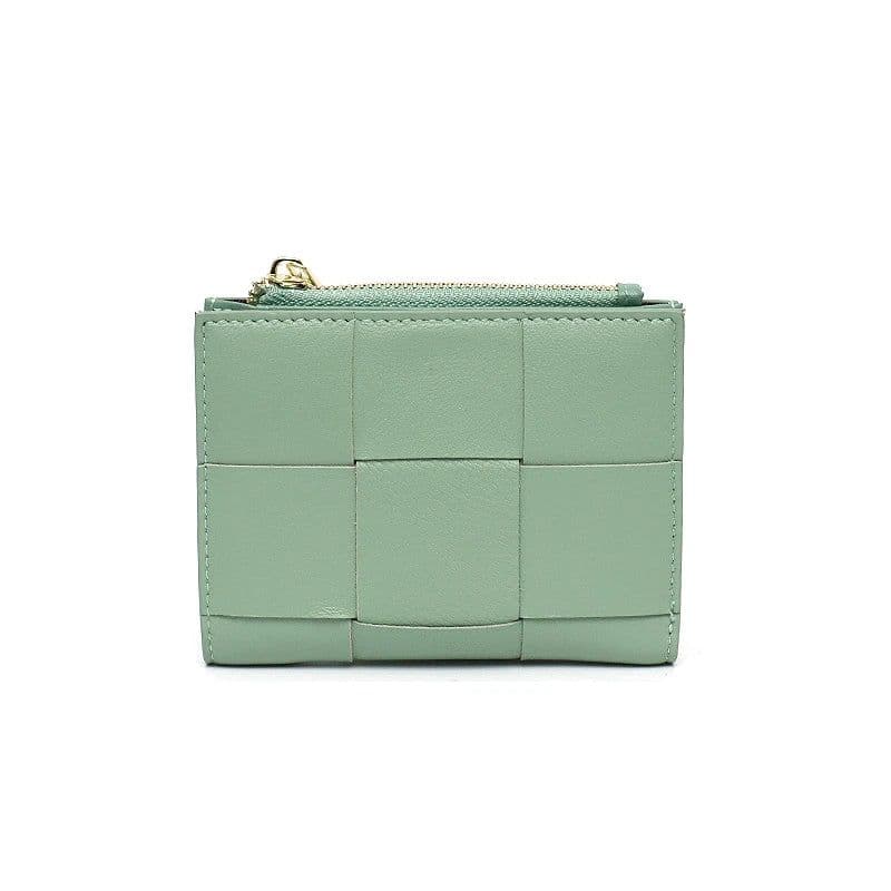 image-Luxury Brand Genuine Leather Woven Short Wallet Women Natural Lambskin Bifold Zip Coin Purse Multi Card Slots Pockets Cash Note