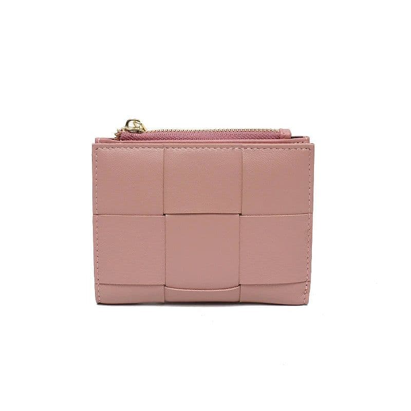 image-Luxury Brand Genuine Leather Woven Short Wallet Women Natural Lambskin Bifold Zip Coin Purse Multi Card Slots Pockets Cash Note