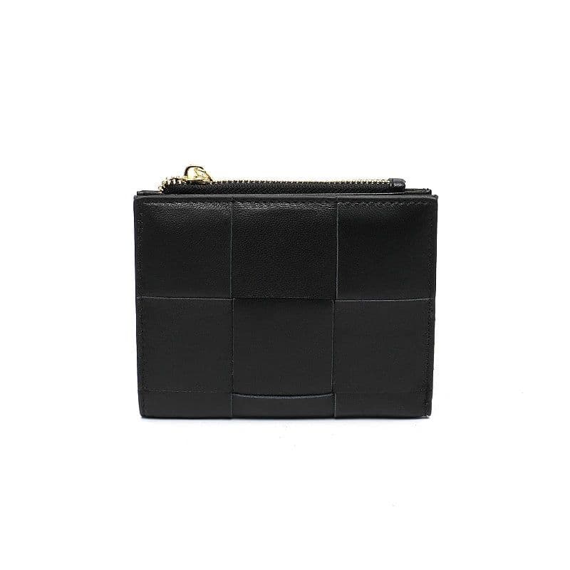 image-Luxury Brand Genuine Leather Woven Short Wallet Women Natural Lambskin Bifold Zip Coin Purse Multi Card Slots Pockets Cash Note