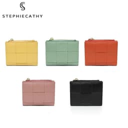 image-Luxury Brand Genuine Leather Woven Short Wallet Women Natural Lambskin Bifold Zip Coin Purse Multi Card Slots Pockets Cash Note