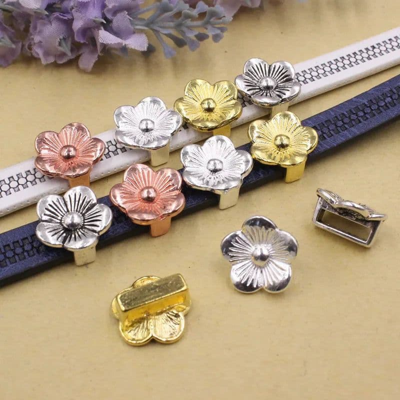 image-Onebeading Tibetan Silver Flower Slider Beads For Bracelet Necklace DIY Making Accessories 14x15mm Hole:Approx 3x10.5mm 30pcs