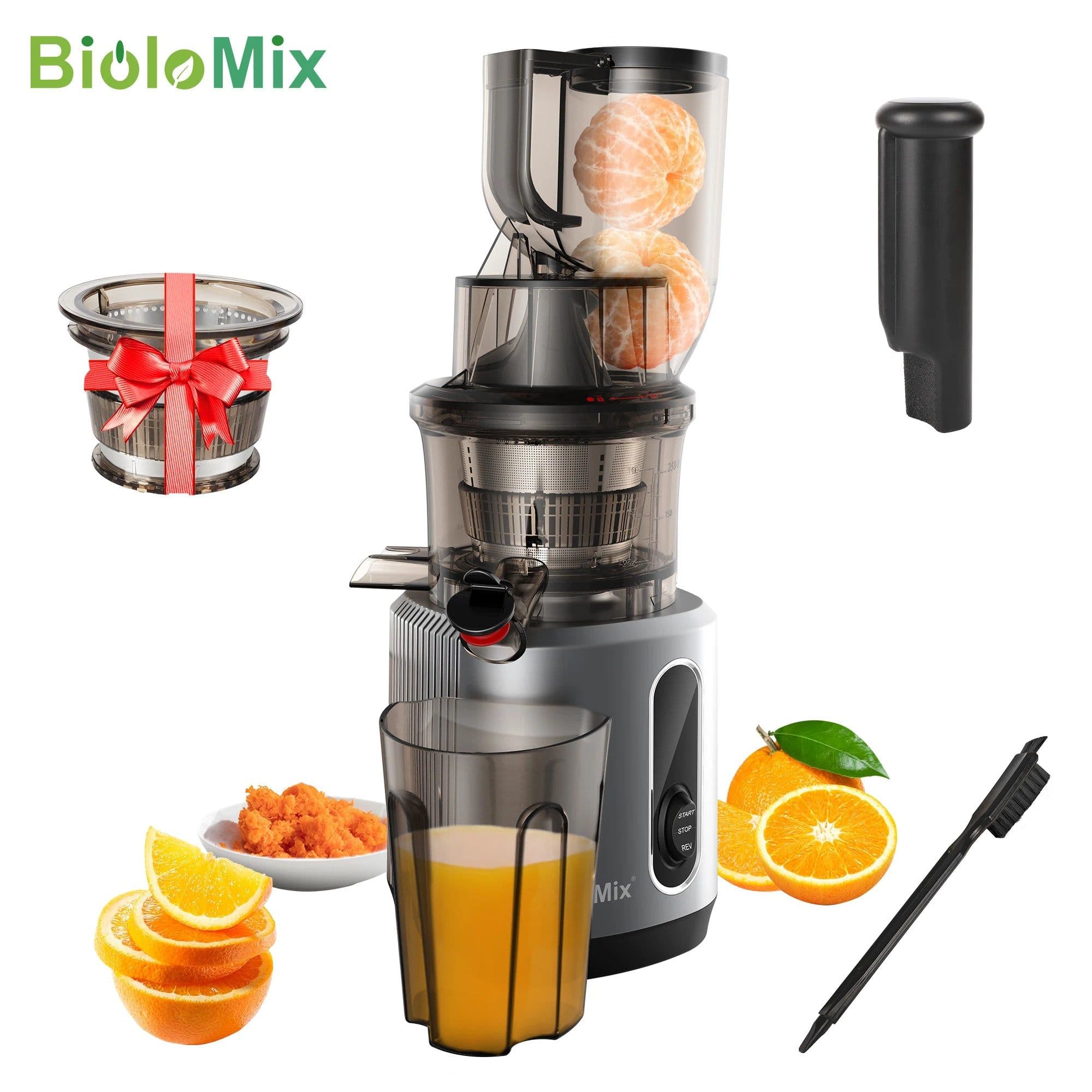 image-BioloMix Cold Press Juicer with 75mm Feed Chute, 200W 40-65RPM Powerful Motor Slow Masticating Juice Extractor Fits Whole Fruits