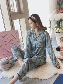image-2PCS/Set Maternity Pyjamas Spring Autumn Pregnant Women's Long-Sleeved Homewear Cotton Cherry Printed Lapel Loungewear Nursing
