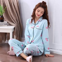 image-2PCS/Set Maternity Pyjamas Spring Autumn Pregnant Women's Long-Sleeved Homewear Cotton Cherry Printed Lapel Loungewear Nursing