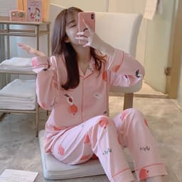 image-2PCS/Set Maternity Pyjamas Spring Autumn Pregnant Women's Long-Sleeved Homewear Cotton Cherry Printed Lapel Loungewear Nursing