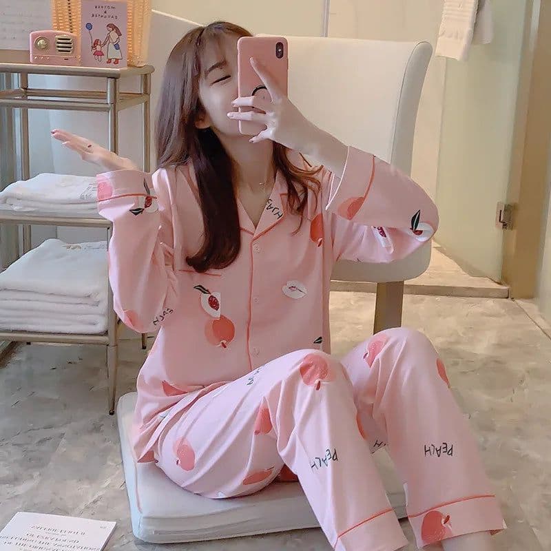 image-2PCS/Set Maternity Pyjamas Spring Autumn Pregnant Women's Long-Sleeved Homewear Cotton Cherry Printed Lapel Loungewear Nursing