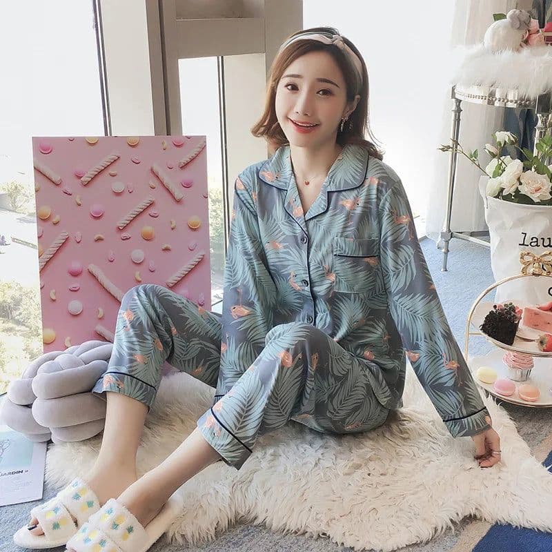 image-2PCS/Set Maternity Pyjamas Spring Autumn Pregnant Women's Long-Sleeved Homewear Cotton Cherry Printed Lapel Loungewear Nursing