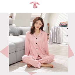 image-2PCS/Set Maternity Pyjamas Spring Autumn Pregnant Women's Long-Sleeved Homewear Cotton Cherry Printed Lapel Loungewear Nursing