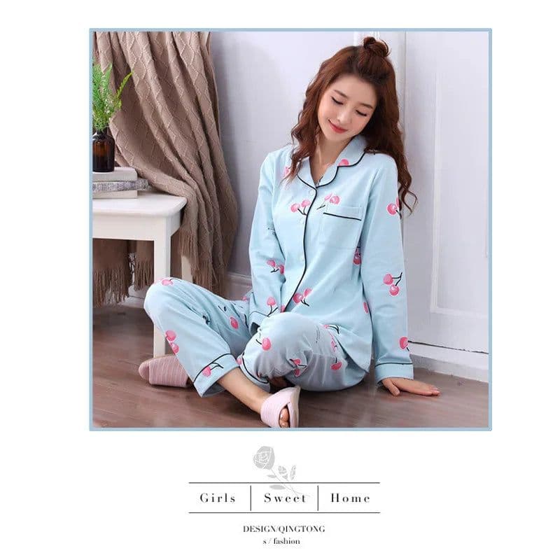 image-2PCS/Set Maternity Pyjamas Spring Autumn Pregnant Women's Long-Sleeved Homewear Cotton Cherry Printed Lapel Loungewear Nursing